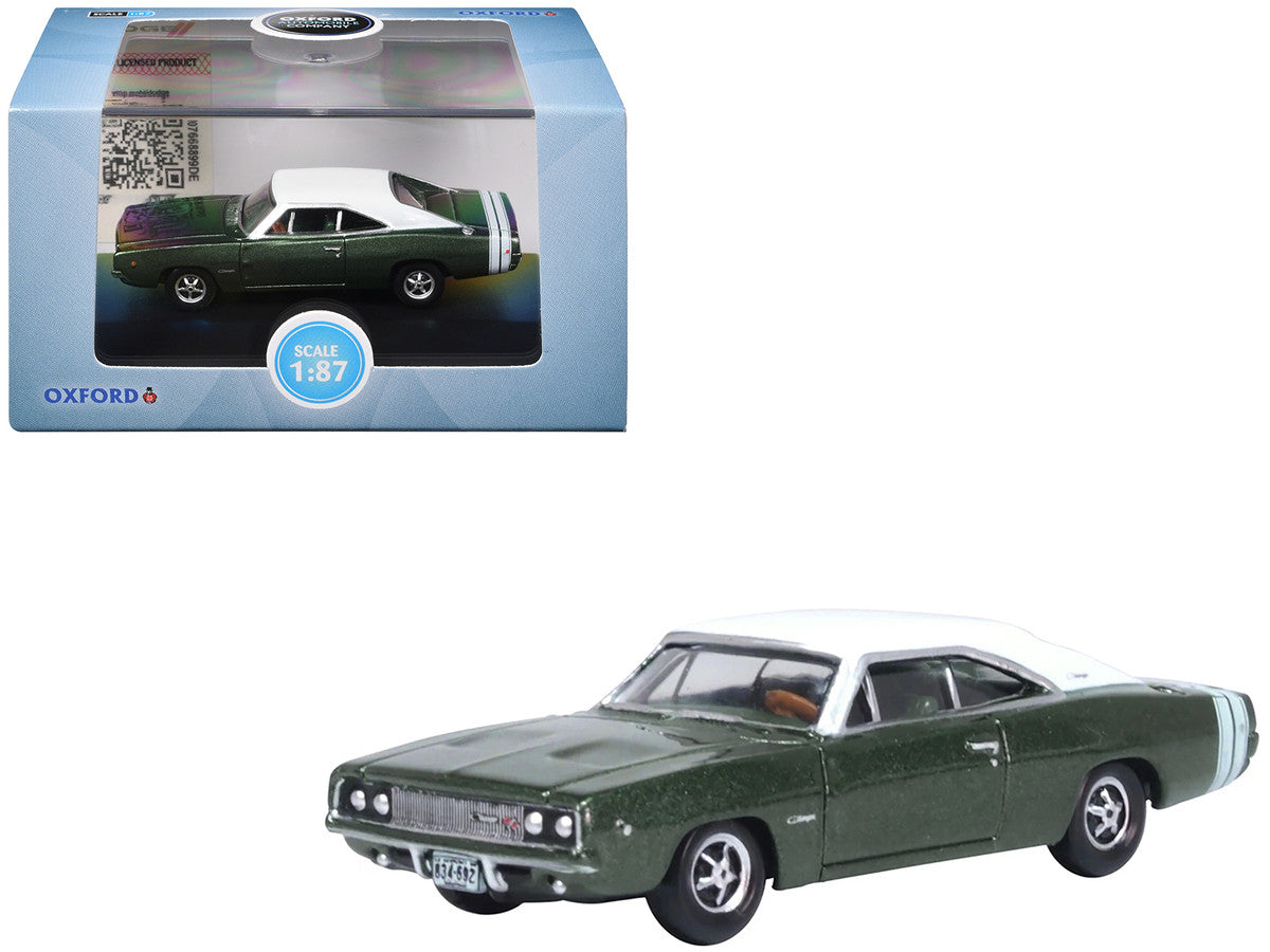 1968 Dodge Charger Racing Green Metallic with White Top and Tail Stripe 1/87 (HO) Scale Diecast Model Car by Oxford Diecast-3