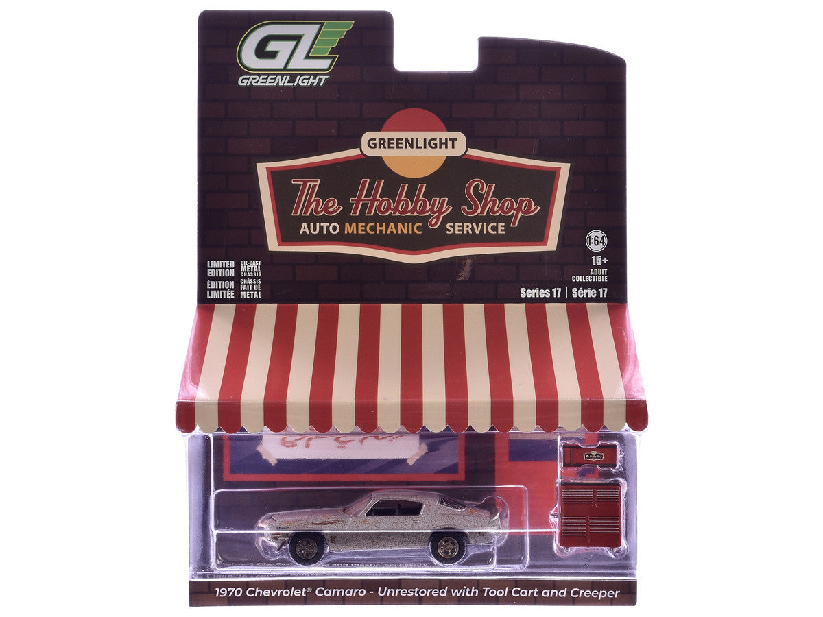 1970 Chevrolet Camaro Cortez Silver (Unrestored) with Tool Cart and Creeper "The Hobby Shop" Series 17 1/64 Diecast Model Car by Greenlight-0