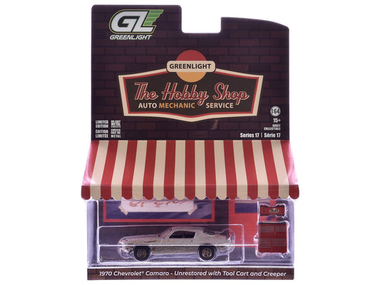 1970 Chevrolet Camaro Cortez Silver (Unrestored) with Tool Cart and Creeper "The Hobby Shop" Series 17 1/64 Diecast Model Car by Greenlight-0