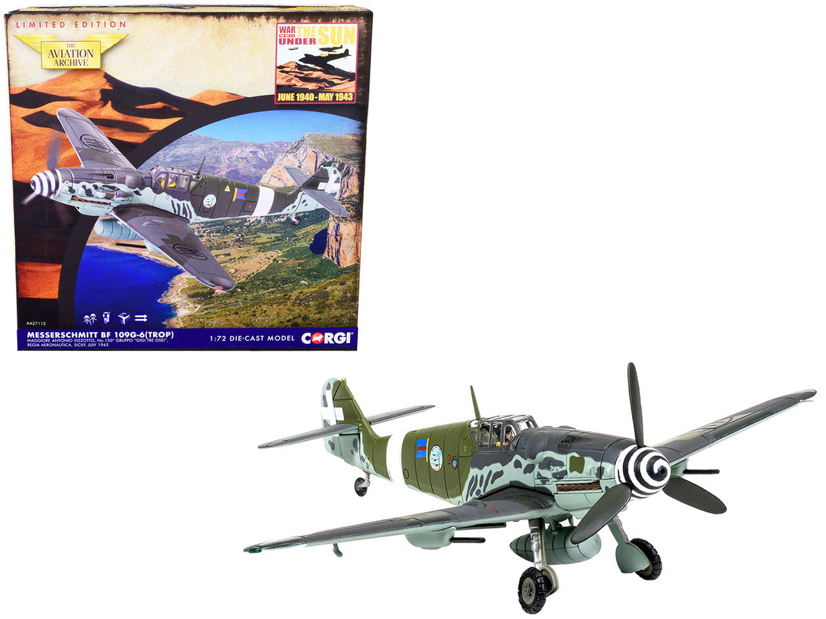 Messerschmitt Me109G-6 (Trop) Fighter Aircraft "Maggiore Antonio Vizzotto 150 Gruppo Gigi Tre Osei Regia Aeronautica Sicily" (July 1943) "The Aviation Archive" Series 1/72 Diecast Model by Corgi-0