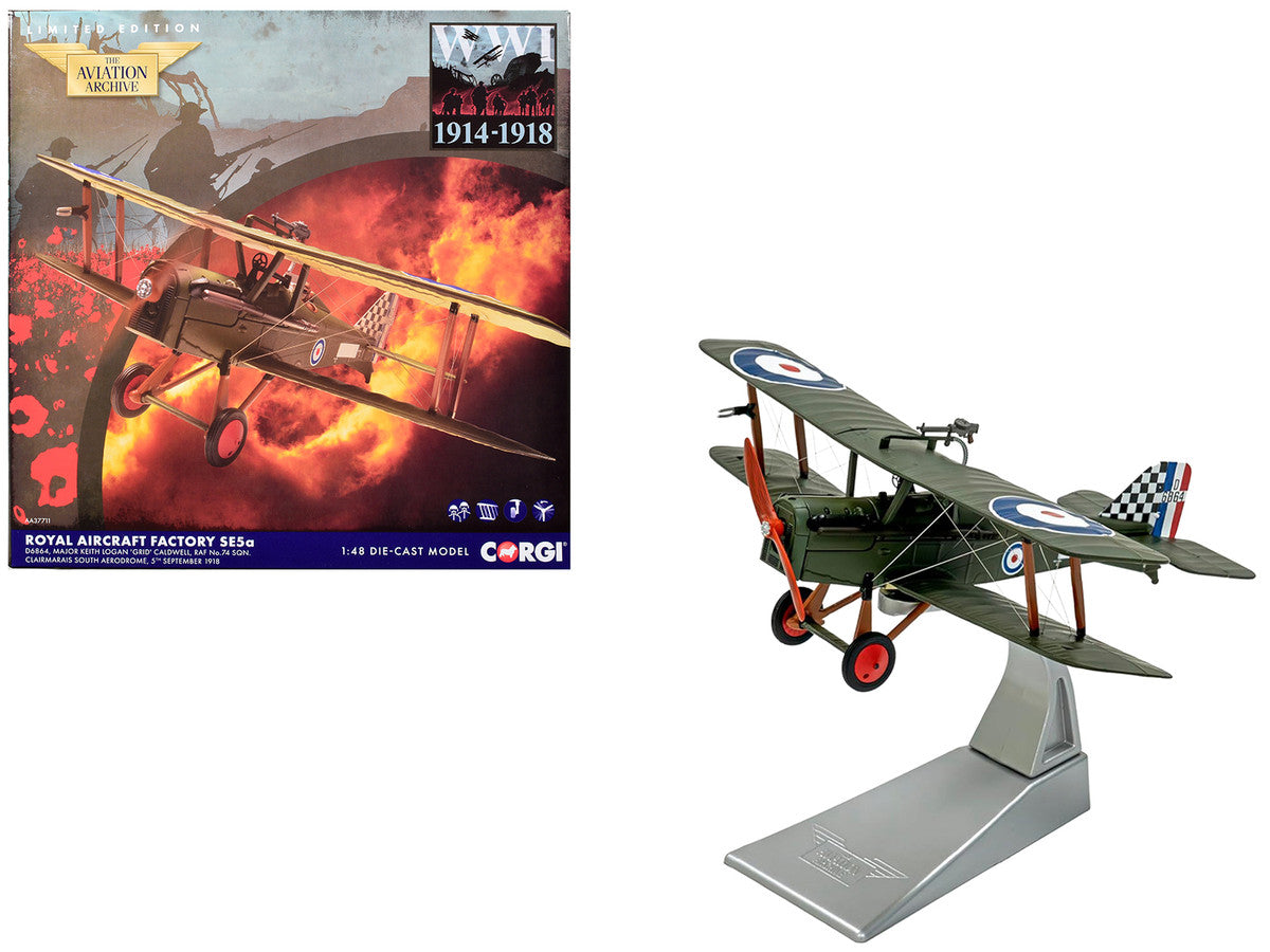 Royal Aircraft Factory SE5a Biplane Aircraft "D6864 Major Keith Logan Caldwell No. 74 Squadron Clairmarais South Aerodrome" (1918) Royal Air Force "The Aviation Archive" Series 1/48 Diecast Model by Corgi-4