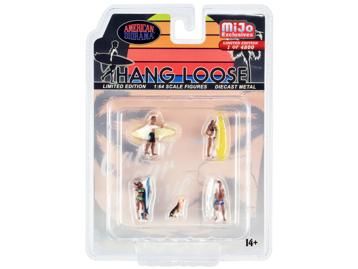 "Hang Loose" 5 piece Diecast Set (4 Surfer Figures and 1 Dog) Limited Edition to 4800 pieces Worldwide for 1/64 Scale Models by American Diorama-0