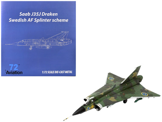 Saab J35J Draken Fighter Aircraft "Splinter Camouflage Scheme F 18 Sodertorn Wing" (1972) Swedish Air Force 1/72 Diecast Model Airplane by Aviation 72-0