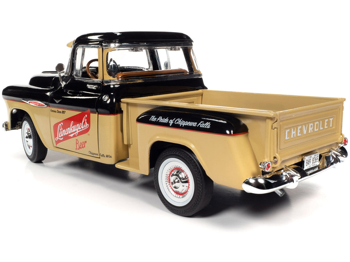 1957 Chevrolet 3100 Stepside Pickup Truck Black and Tan with Graphics "Leinenkugle's Beer The Pride of Chippewa Falls" 1/18 Diecast Model by Auto World-4