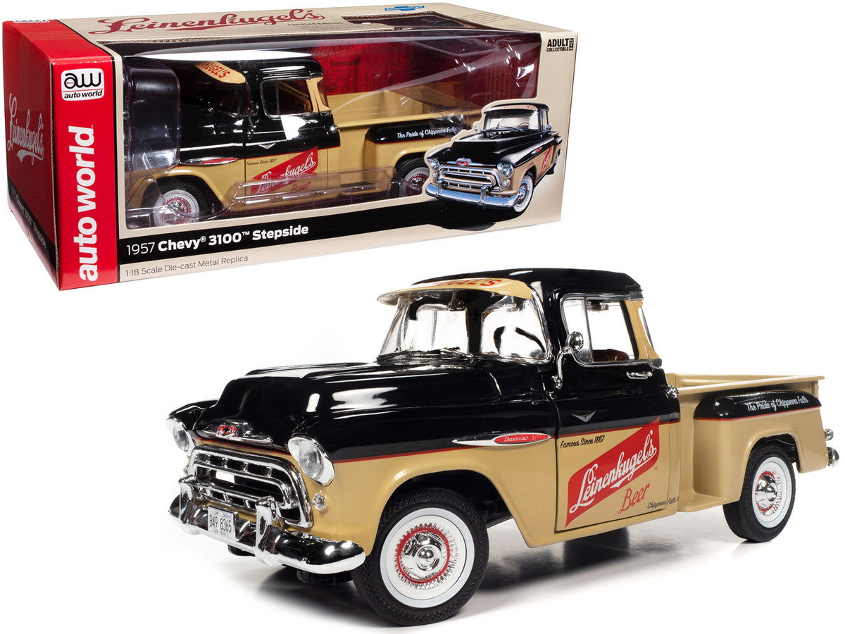 1957 Chevrolet 3100 Stepside Pickup Truck Black and Tan with Graphics "Leinenkugle's Beer The Pride of Chippewa Falls" 1/18 Diecast Model by Auto World-0