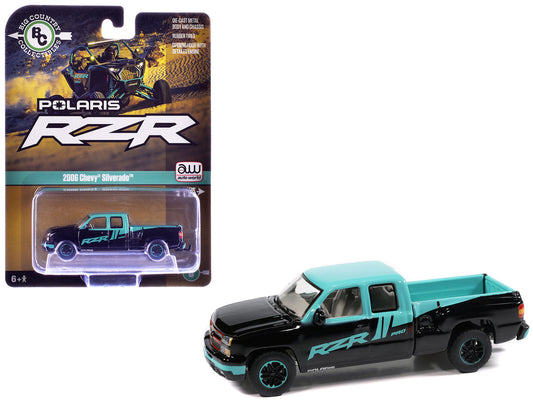 2006 Chevrolet Silverado Pickup Truck "Polaris RZR" Black and Blue "Big Country Collectibles" 2025 Series 1/64 Diecast Model Car by Auto World-0