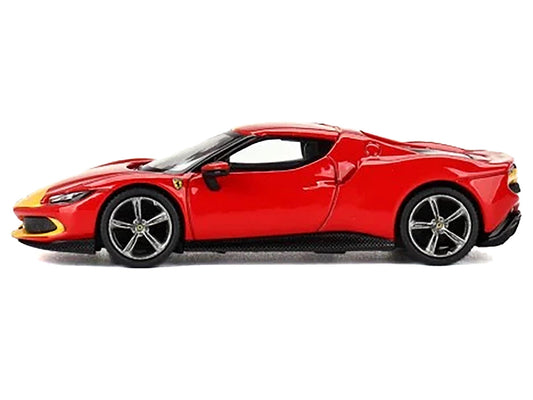 Ferrari 296 GTB Assetto Fiorano Rosso Corsa Red with Yellow Stripes 1/64 Diecast Model Car by BBR-0