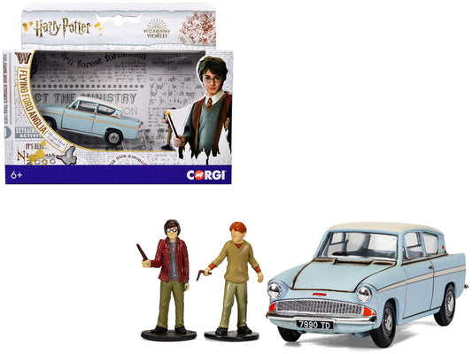 Flying Ford Anglia RHD (Right Hand Drive) Light Blue with White Top (Weathered) with Harry and Ron Figures "Harry Potter" Movie Series Diecast Model by Corgi-0