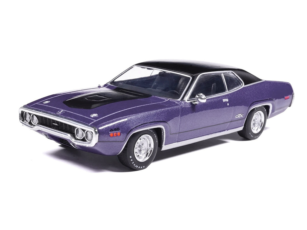 1971 Plymouth GTX Purple Metallic with Black Vinyl Top and Black Hood Stripe 1/43 Diecast Model Car by IXO Models-1