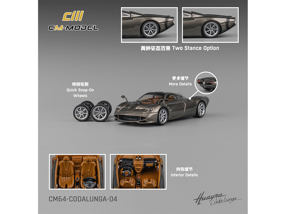 Pagani Huayra Codalunga Gun Metal Gray Metallic with Sunroof and Extra Wheels 1/64 Diecast Model Car by CM Model-1