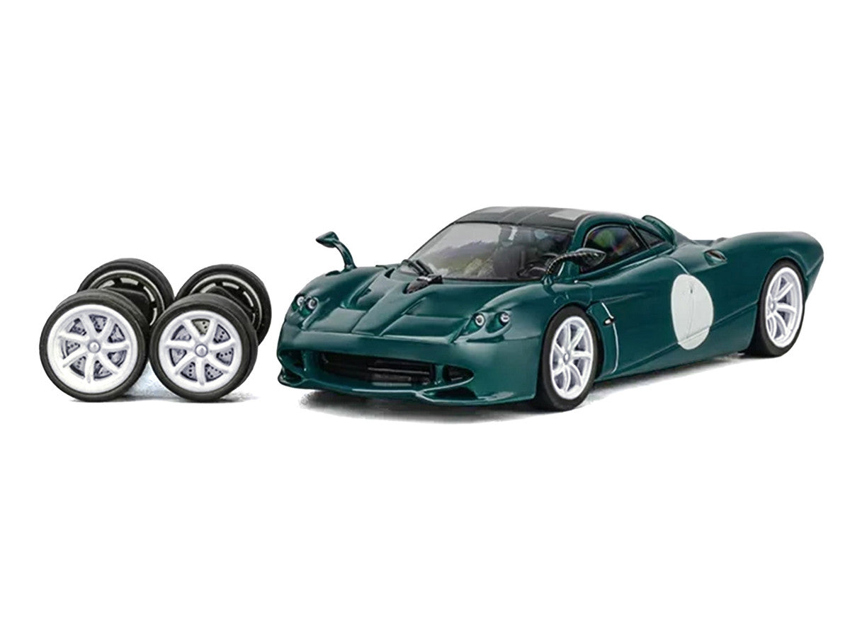 Pagani Huayra Codalunga Green with Sunroof and Extra Wheels 1/64 Diecast Model Car by CM Model-1