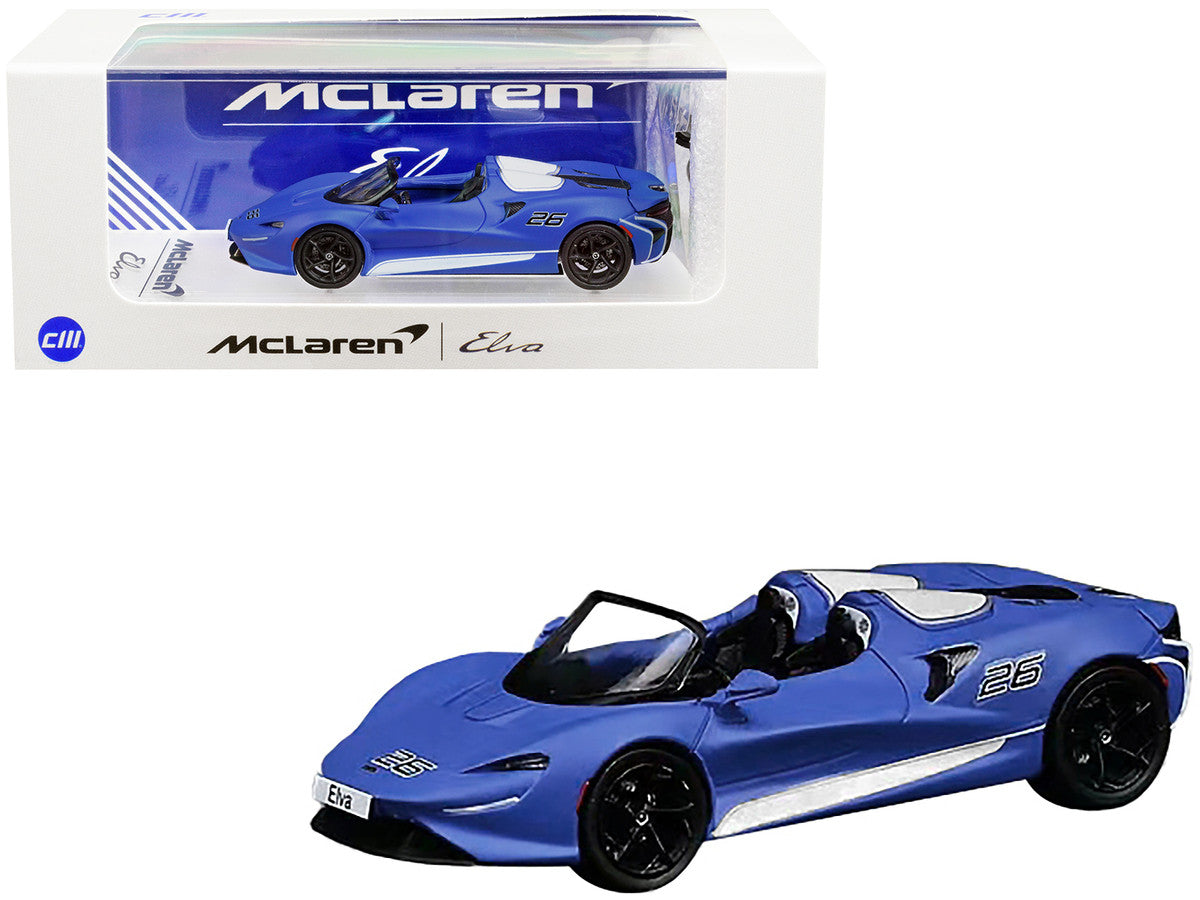 McLaren Elva Convertible #26 Matt Blue with White Stripes and Extra Wheels 1/64 Diecast Model Car by CM Model-0