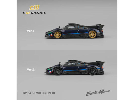 Pagani Zonda Revolucion Dark Blue Metallic and Carbon with Extra Wheels 1/64 Diecast Model Car by CM Model-0