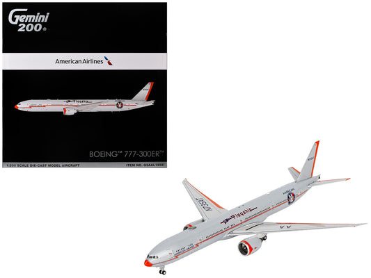 Boeing 777-300ER Commercial Aircraft "American Airlines - Flagship DFW" (N735AT) Silver with Otange Stripes "Gemini 200" Series 1/200 Diecast Model by GeminiJets-0