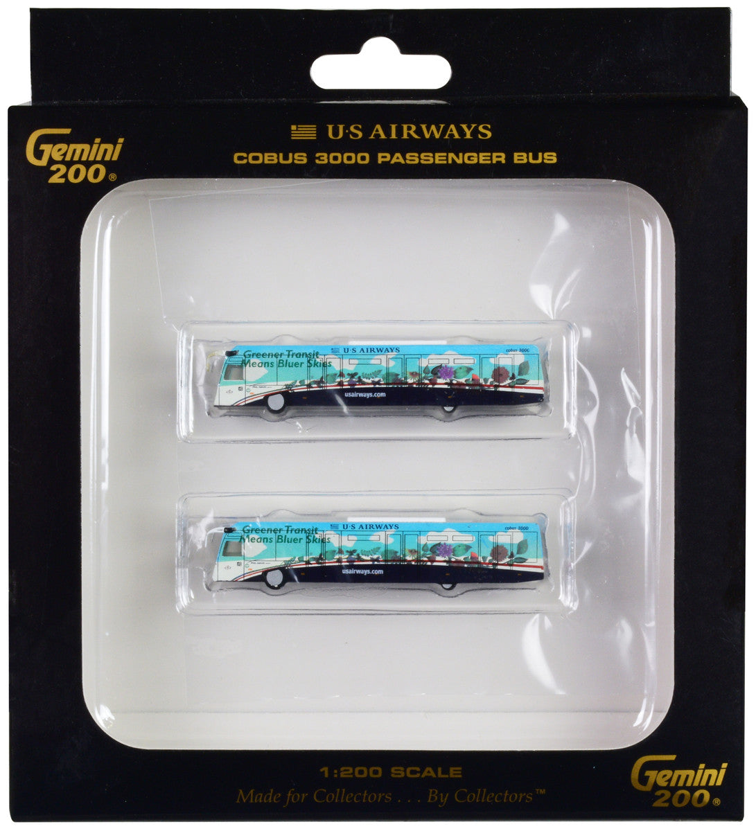Cobus 3000 Passenger Bus White and Blue with Graphics "US Airways Shuttle Bus - Greener Transit" 2 Piece Set "Gemini 200" Series Diecast Models by GeminiJets-0
