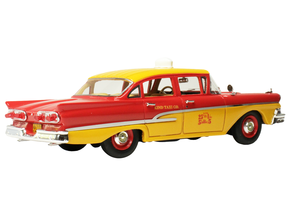 1958 Ford Custom 300 Taxi Cab "Kind Taxi Co." Red and Yellow with Yellow Interior Limited Edition to 200 pieces Worldwide 1/43 Model Car by Goldvarg Collection-1