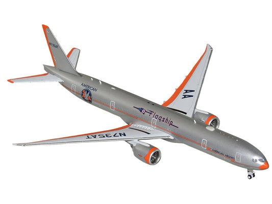 Boeing 777-300ER Commercial Aircraft "American Airlines - Flagship DFW" (N735AT) Silver with Orange Stripes 1/400 Diecast Model by GeminiJets-0