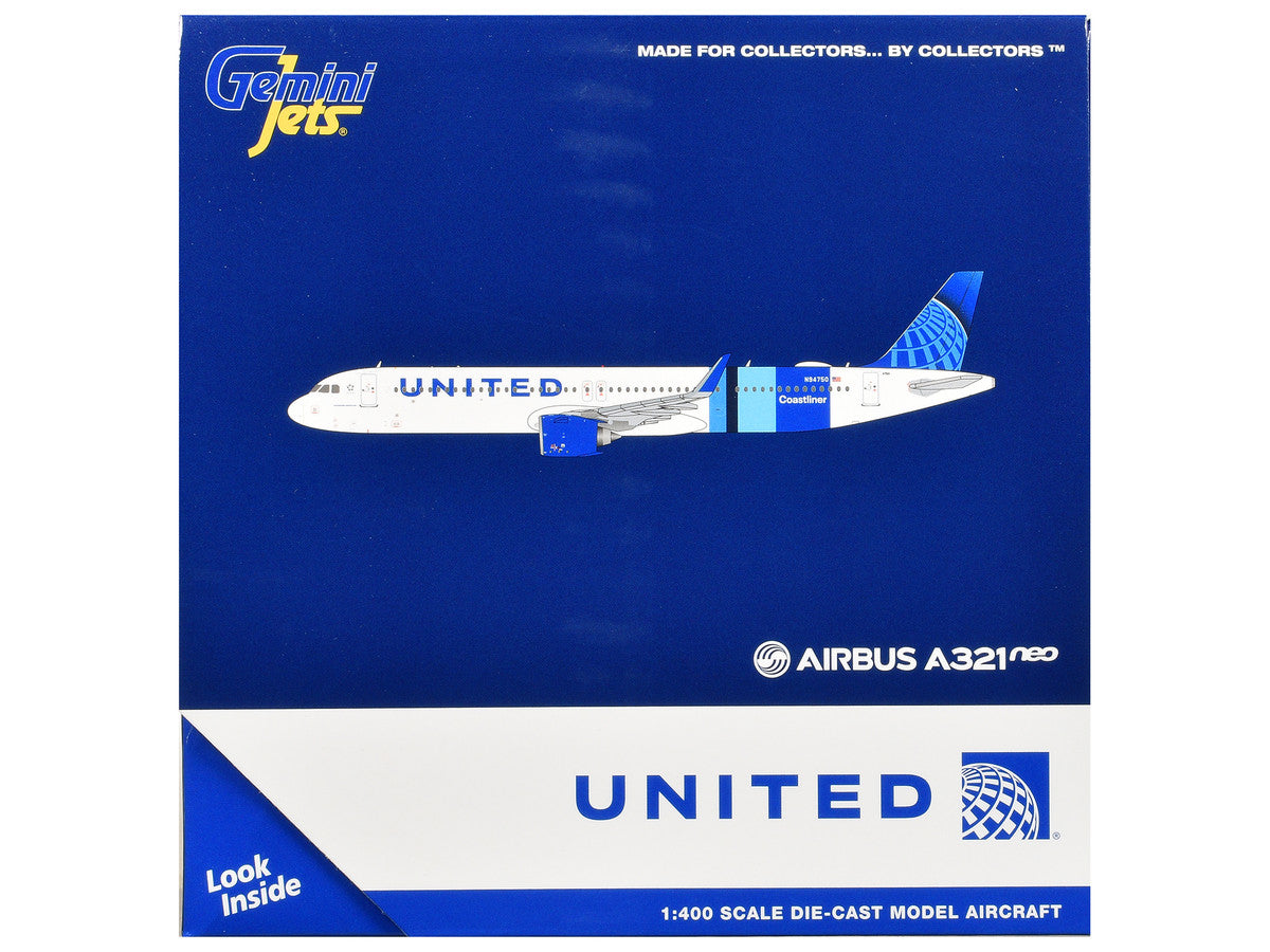 Airbus A321neo Commercial Aircraft "United Airlines Coastliner" (N94750) White with Blue Stripes and Tail 1/400 Diecast Model Airplane by GeminiJets-2
