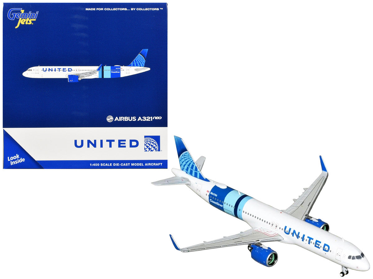 Airbus A321neo Commercial Aircraft "United Airlines Coastliner" (N94750) White with Blue Stripes and Tail 1/400 Diecast Model Airplane by GeminiJets-0