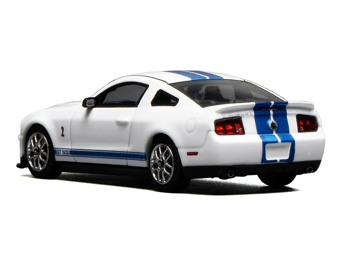 2007 Ford Mustang Shelby GT500 Performance White with Blue Stripes 1/64 Diecast Model Car by MotorHelix & Greenlight-2