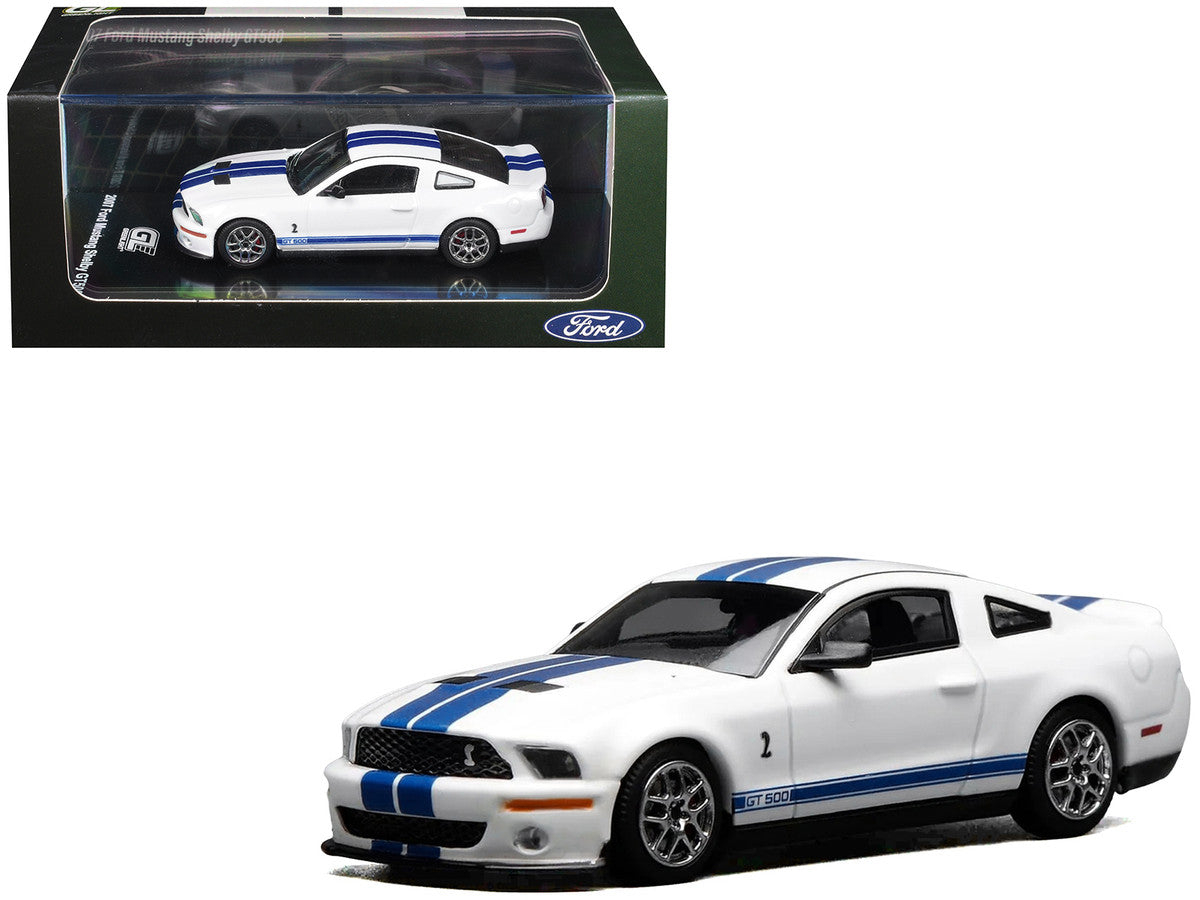 2007 Ford Mustang Shelby GT500 Performance White with Blue Stripes 1/64 Diecast Model Car by MotorHelix & Greenlight-0