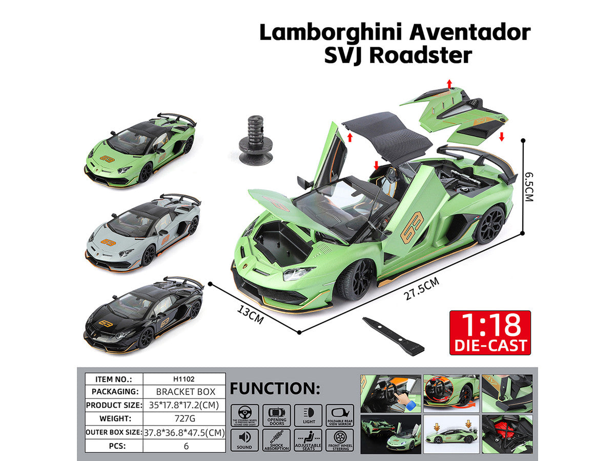Lamborghini Aventador SVJ Roadster Green Metallic with Carbon Top and Gold Accents 1/18 Diecast Model Car by Heimanba-1