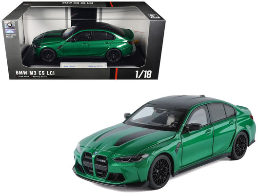 BMW M3 CS LCI Green Metallic with Matt Black Top and Hood Stripes 1/18 Diecast Model Car by Heimanba-0