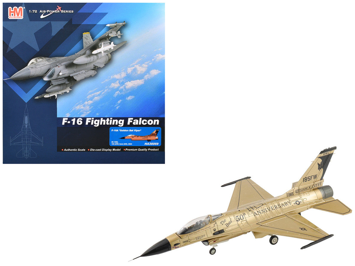 Lockheed F-16A Fighting Falcon Fighter Aircraft "85-1565 Golden Bat Viper 185 ARW Iowa ANG Squadron 50th Anniversary" (2022) United States Air Force "Air Power Series" 1/72 Diecast Model by Hobby Master-4