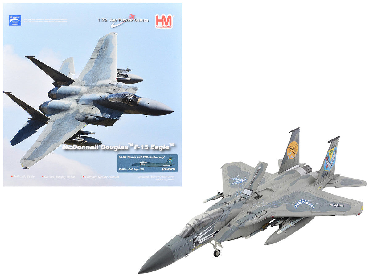 McDonnell Douglas F-15C Eagle Fighter Aircraft "86-0171 Florida ANG 75th Anniversary" (2022) United States Air Force "Air Power Series" 1/72 Diecast Model by Hobby Master-4