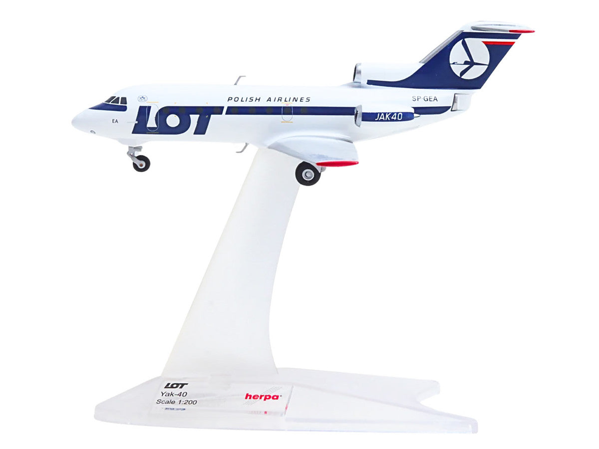 Yakovlev Yak-40 Commercial Aircraft "LOT Polish Airlines" (SP-GEA) White with Blue Stripes and Tail 1/200 Diecast Model by Herpa-1