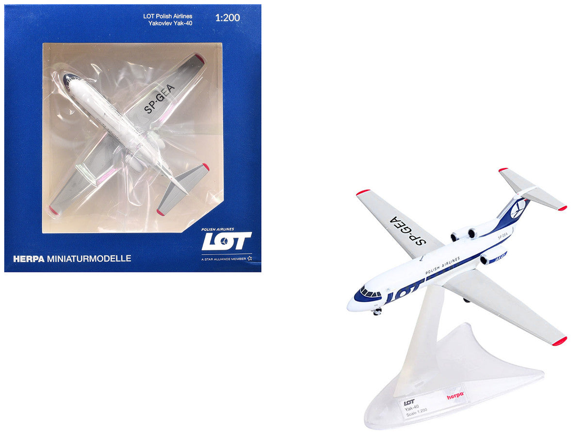 Yakovlev Yak-40 Commercial Aircraft "LOT Polish Airlines" (SP-GEA) White with Blue Stripes and Tail 1/200 Diecast Model by Herpa-4