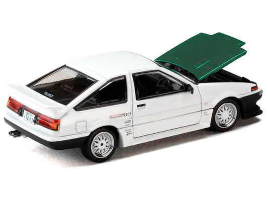Toyota Sprinter Trueno (AE86) RHD (Right Hand Drive) "Keiichi Tsuchiya - Dori Dori Mesh Wheels" White with Green Carbon Hood 1/64 Diecast Model Car by Hobby Japan-0