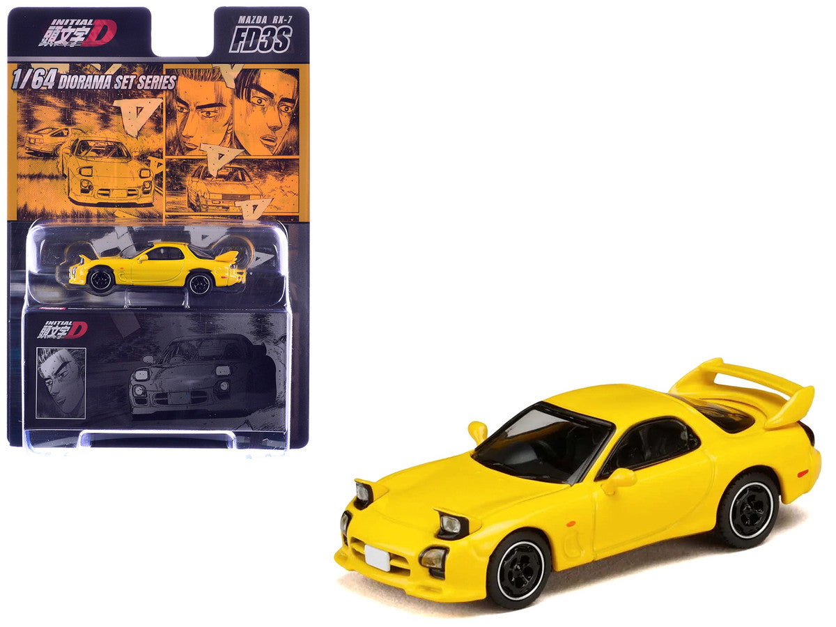 Mazda RX-7 (FD3S) RHD (Right Hand Drive) Yellow "Initial D" (1995-2013) Manga "Diorama Set Series" 1/64 Diecast Model Car by Hobby Japan-4