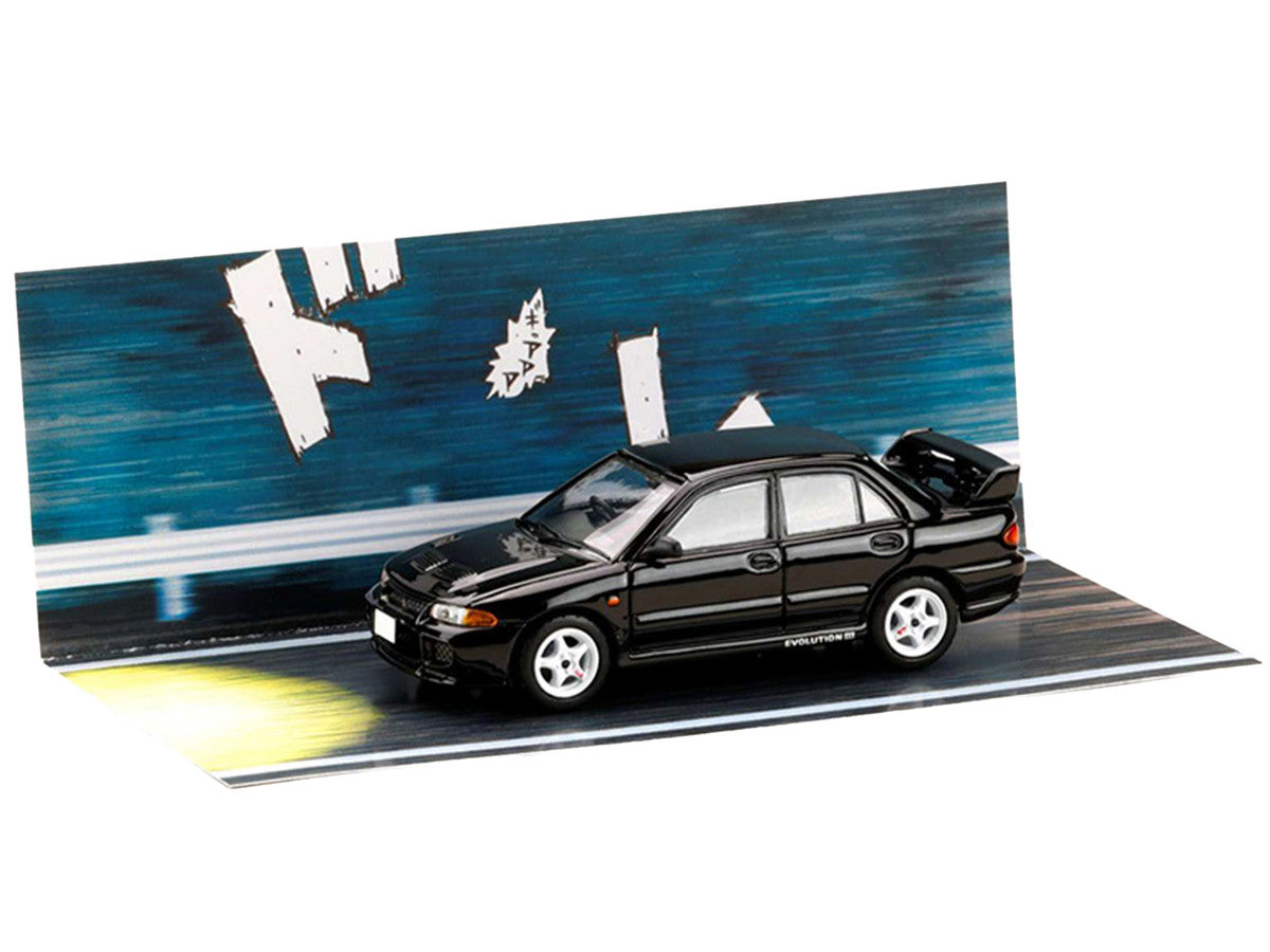 Mitsubishi Lancer RS Evolution III RHD (Right Hand Drive) Black "Initial D" (1995-2013) Manga "Diorama Set Series" 1/64 Diecast Model car by Hobby Japan-1
