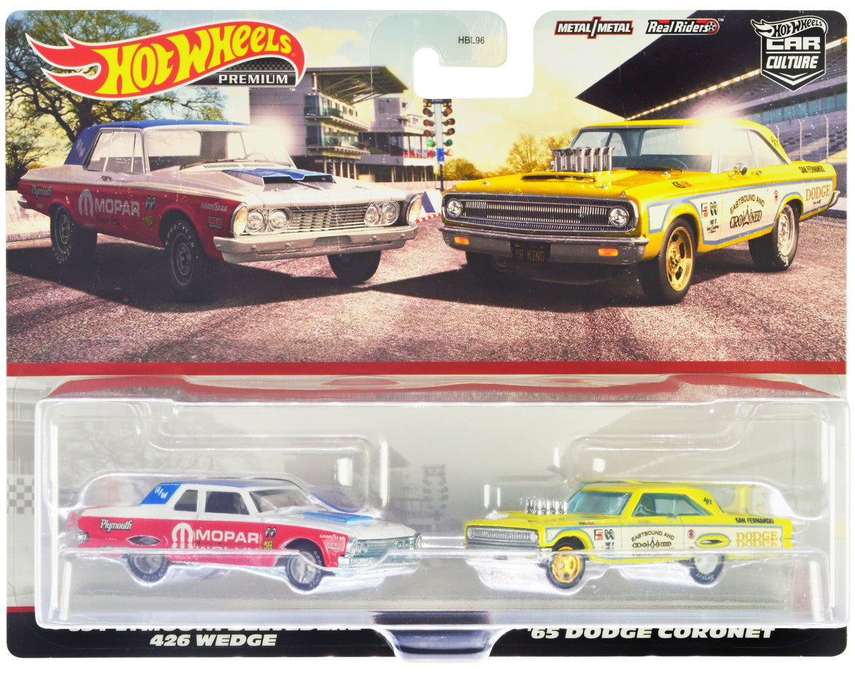 1963 Plymouth Belvedere 426 Wedge "MOPAR" White and Red with Blue Top and 1965 Dodge Coronet "Eastbound and Crowned" Yellow and White "Car Culture" Set of 2 Cars Diecast Model Cars by Hot Wheels-0