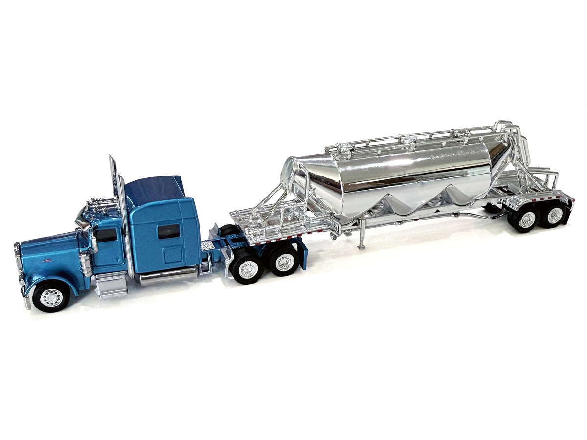 Peterbilt 389 Truck Tractor with Sleeper Cab Blue Metallic and Pneumatic Tank Trailer Chrome Combo Set 1/87 (HO) Plastic Model Car by HO Logistics-0