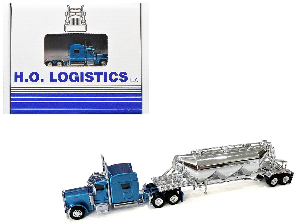Peterbilt 389 Truck Tractor with Sleeper Cab Blue Metallic and Pneumatic Tank Trailer Chrome Combo Set 1/87 (HO) Plastic Model Car by HO Logistics-2