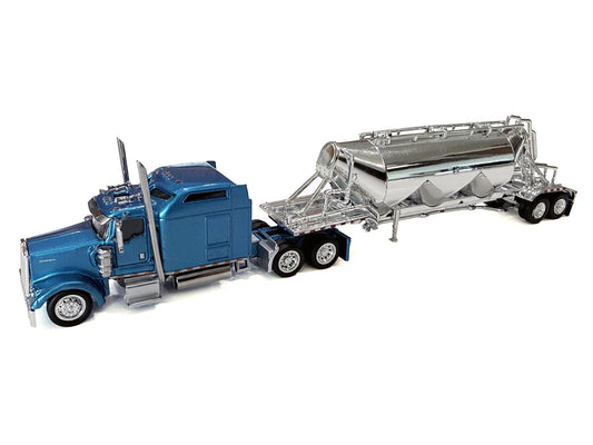 Kenworth W900L Truck Tractor with Sleeper Cab Blue Metallic and Pneumatic Tank Trailer Combo Set 1/87(HO) Plastic Model Car by HO Logistics-0