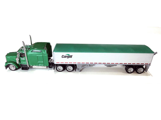 Kenworth W900L Truck Tractor with Sleeper Cab "Cargill" Green and Covered Grain Trailer White with Green Tarp Combo Set 1/87 (HO) Plastic Model Car by HO Logistics-0