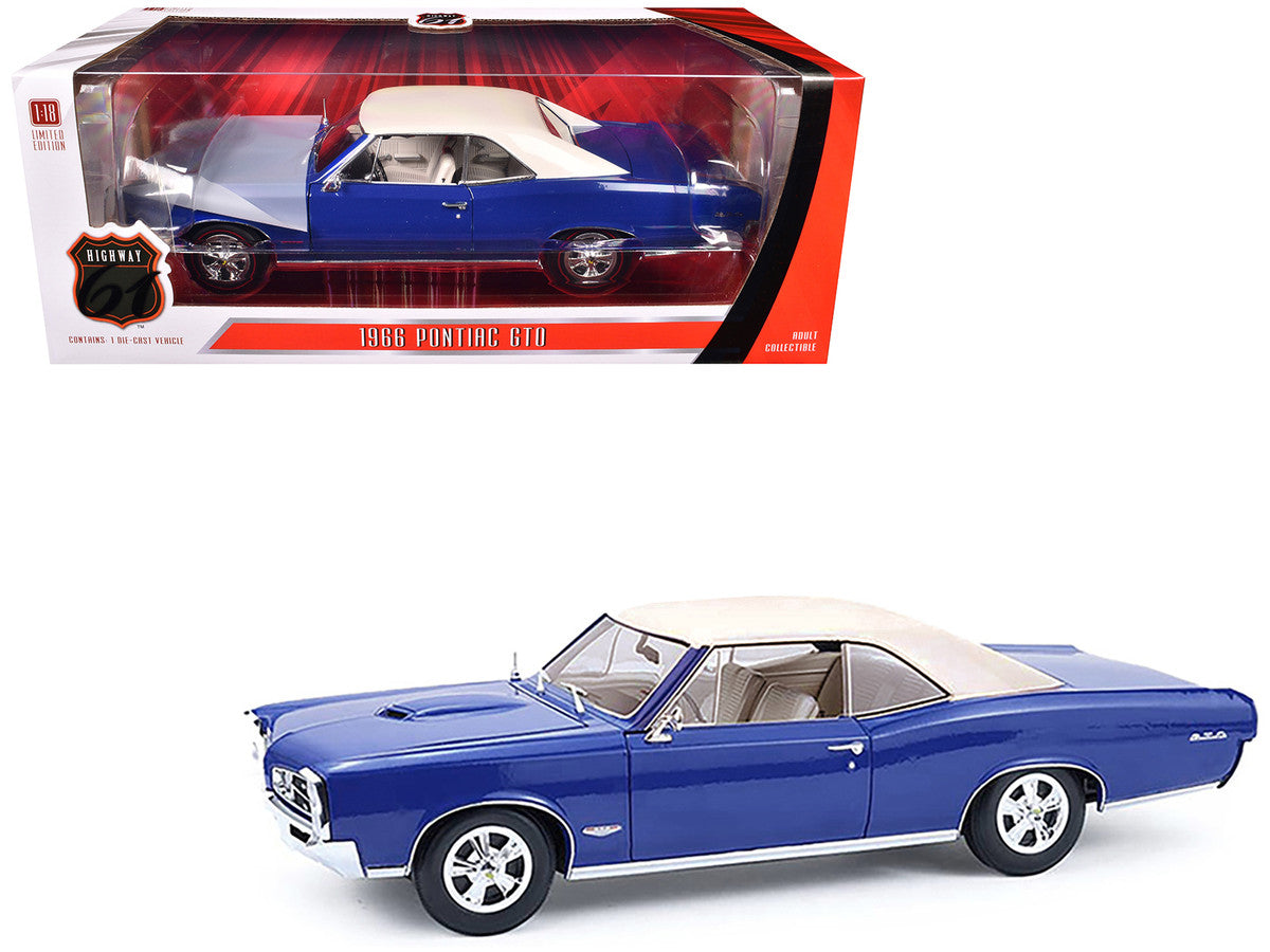 1966 Pontiac GTO Barrier Blue with White Top and Interior 1/18 Diecast Model Car by Highway 61-3