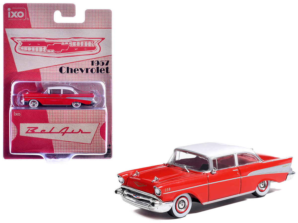 1957 Chevrolet Bel Air Red with White Top and Red Interior 1/64 Diecast Model by IXO Models-4