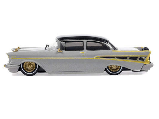 1957 Chevrolet Bel Air Lowrider Gray with Black Top and Gold Accents 1/64 Diecast Model Car by IXO Models-0
