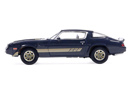 1981 Chevrolet Camaro Z28 Dark Blue Metallic with Gold Stripes and Interior 1/64 Diecast Model Car by IXO Models-0