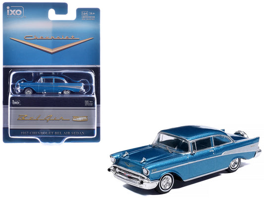 1957 Chevrolet Bel Air Sedan Harbor Blue Metallic with Blue Interior 1/64 Diecast Model Car by IXO Models-0