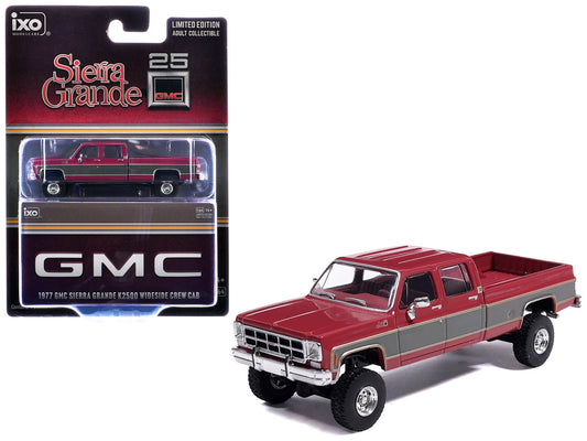 1977 GMC Sierra Grande K2500 Wideside Crew Cab Pickup Truck Dark Red Metallic with Gray Side Stripes 1/64 Diecast Model Car by IXO Models-0
