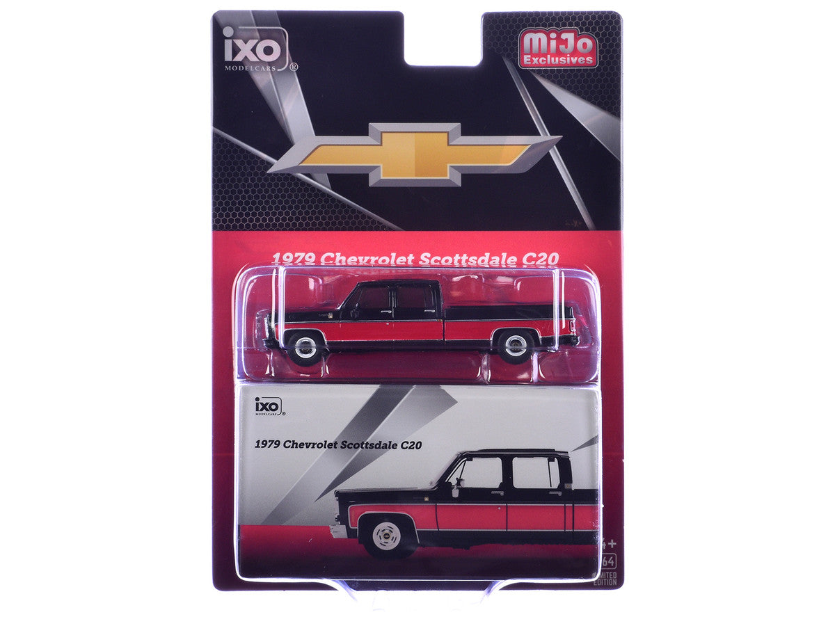 1979 Chevrolet Scottsdale C20 Crew Cab Pickup Truck Black with Red Side Stripes Limited Edition 1/64 Diecast Model Car by IXO Models-0