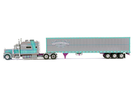 Peterbilt 379 Truck with Sleeper and Dry Goods Trailer "TransAmerica" Gray with Seafoam Green Graphics "J1 Diecast" Series 1/64 Diecast Model by IXO Models-0