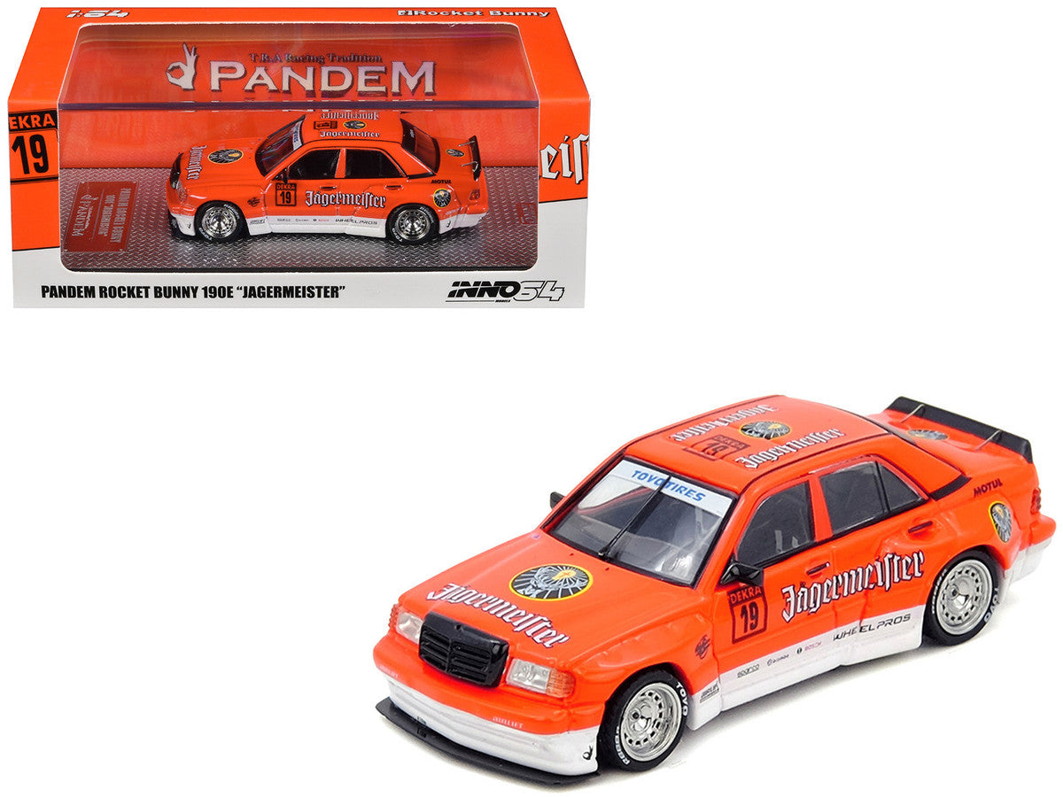 Pandem Rocket Bunny 190E #19 "Jagermeister" Orange and White 1/64 Diecast Model Car by Inno Models-0