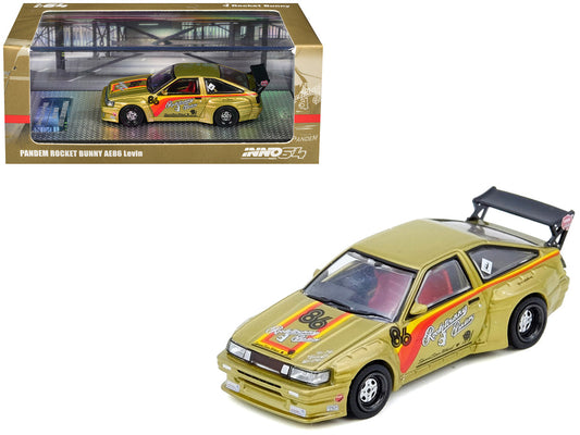 Toyota Levin (AE86) RHD (Right Hand Drive) #86 "Pandem Rocket Bunny" Gold Metallic with Stripes 1/64 Diecast Model Car by Inno Models-0