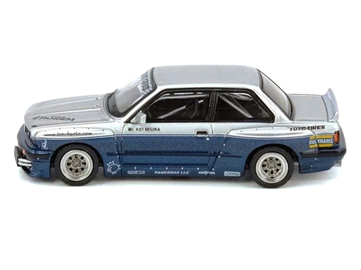 Pandem E30 M3 Silver Metallic and Dark Blue 1/64 Diecast Model Car by Inno Models-2